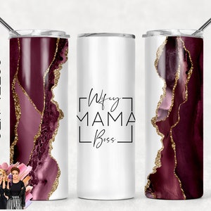 Wifey Mama Boss Maroon Agate Abstract Sublimation Tumbler Designs - 20oz Skinny Tumbler Wraps Templates - PNG