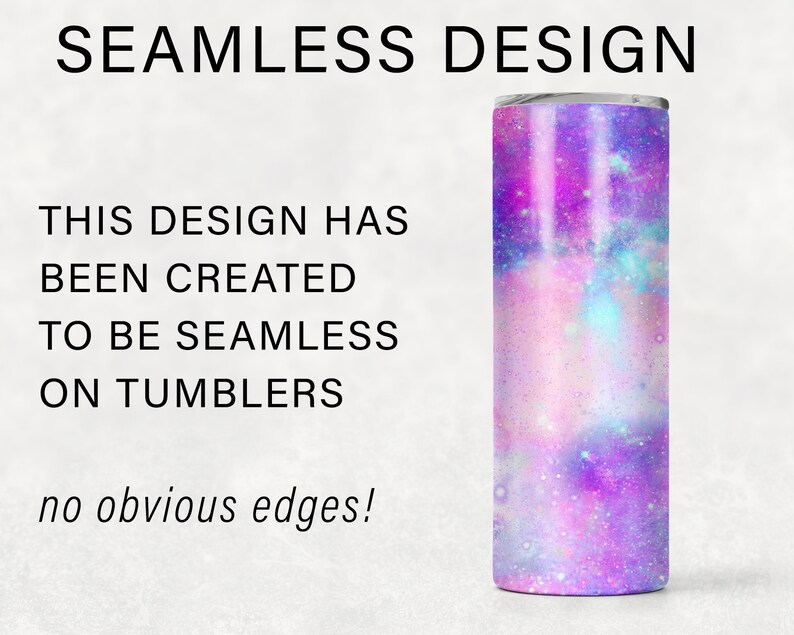 May include: A seamless design for tumblers featuring a galaxy-inspired pattern with pink, purple, and blue colours. The design is created to be seamless on tumblers, with no obvious edges.