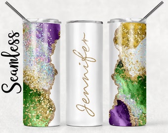 Add Your Own Text / Name Purple Green Yellow Agate Gold Mardi Gras Glitter Sublimation Tumbler Designs - 20oz Skinny Tumbler Templates - PNG