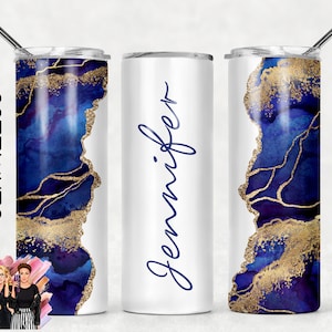 Voeg uw eigen tekst/naam toe Royal Blue Gold en White Glitter Agate Sublimation Tumbler Designs - 20oz Skinny Tumbler Templates - PNG