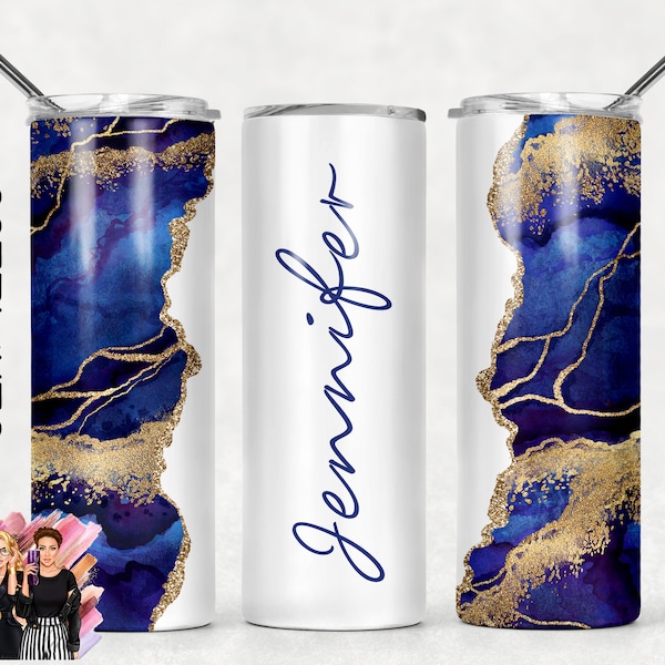 Add Your Own Text / Name Royal Blue Gold and White Glitter Agate Sublimation Tumbler Designs - 20oz Skinny Tumbler Templates - PNG