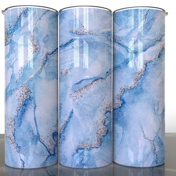 Light Blue Silver Glitter Abstract Agate Marble Sublimation Tumbler Designs - 20oz Skinny Tumbler Wraps Templates - PNG