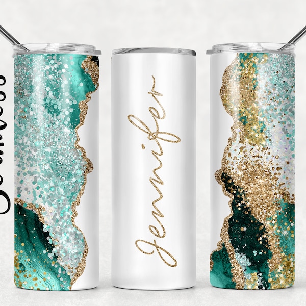 Add Your Own Text / Name Aqua Blue Agate Gold Marble Glitter Sublimation Tumbler Designs - 20oz Skinny Tumbler Templates - PNG