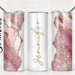 Aggiungi il tuo testo / nome Pink Agate Gold Marble Glitter Sublimation Tumbler Designs - 20oz Skinny Tumbler Templates - PNG