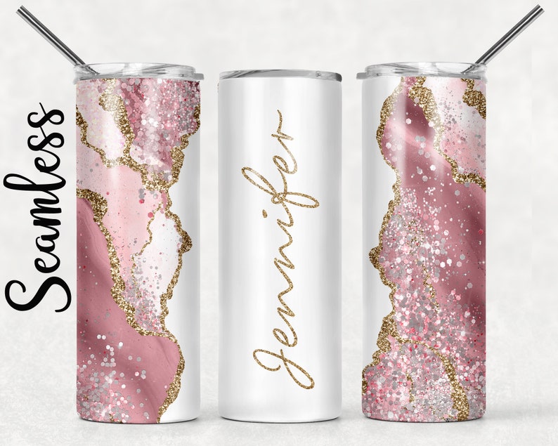 Add Your Own Text / Name Pink Agate Gold Marble Glitter Sublimation Tumbler Designs - 20oz Skinny Tumbler Templates - PNG 