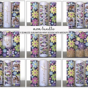 Mom Bundle of 11 Flowers Colors Purple gold Mothers Day Sublimation Tumbler Designs Photos Add your Name Split Mom - 20oz Skinny Wraps
