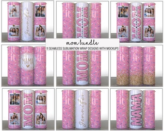 Paquete de mamá de 11 confeti de fiesta rosa dorado Diseños de vaso de sublimación del Día de la Madre Fotos Agregue su nombre Mamá dividida - Envolturas delgadas de 20 oz