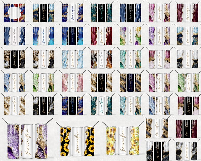 May include: A set of 30 stainless steel tumblers with various designs featuring agate, marble, leopard print, and sunflowers. The tumblers are all white with gold accents and the name "Jennifer" is written on some of them.