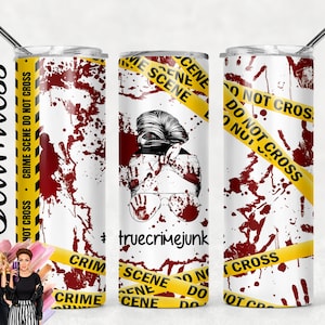 SEAMLESS True Crime Junkie Messy Mom Bun 20oz Skinny Tumbler Wrap Sublimation Designs  Mom Life yellow tape Halloween PNG Designs Downloads