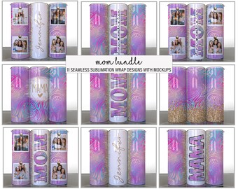 Paquete de mamá de 11 ondas abstractas Oro púrpura Diseños de vaso de sublimación del Día de la Madre Fotos Agregue su nombre Mamá dividida - Envolturas delgadas de 20 oz
