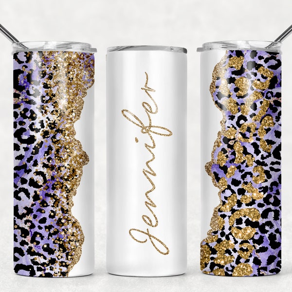 Add Your Name Light Purple Gold Black Agate Glitter Animal Print Leopard Sublimation Tumbler Designs - 20oz Skinny Tumbler Templates - PNG