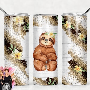SEAMLESS Sloth gold glitter Rustic Wood Print Yellow Flowers Sublimation Tumbler Designs - 20oz Skinny Wraps Templates - PNG