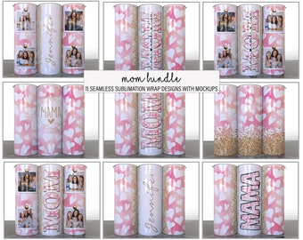 Paquete de mamá de 11 diseños de vasos de sublimación del Día de la Madre dorados con corazón rosa de amor, fotos, agregue su nombre, mamá dividida, envolturas delgadas de 20 oz