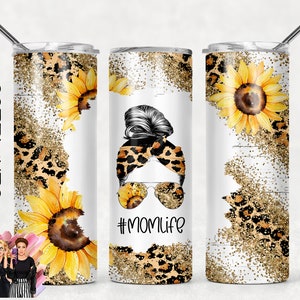 SEAMLESS Sublimation Tumbler Designs Sunflowers Mom Life Mom Bun Hair Leopard Cheetah Print - 20oz Skinny Tumbler Wraps Templates - PNG