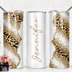 Voeg uw eigen tekst / naam gold leopard glitter cheetah sublimatie tumbler ontwerpen - 20oz skinny tumbler sjablonen - PNG