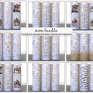 Pacote de 11 flores para mãe, letras amor douradas, dia das mães, sublimação, designs de copo, fotos, adicione seu nome, mãe dividida - envoltórios skinny de 20 onças