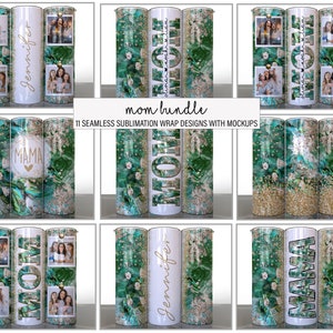 Pacote Mom com 11 Ondas Verdes Abstratas douradas Dia das Mães Sublimação Tumbler Designs Fotos Adicione seu nome Split Mom - 20 onças Skinny Wraps