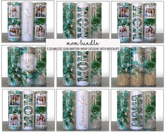 Paquete de mamá de 11 diseños de vaso de sublimación del Día de la Madre dorado con ondas verdes abstractas, fotos, agregue su nombre, mamá dividida, envolturas delgadas de 20 oz