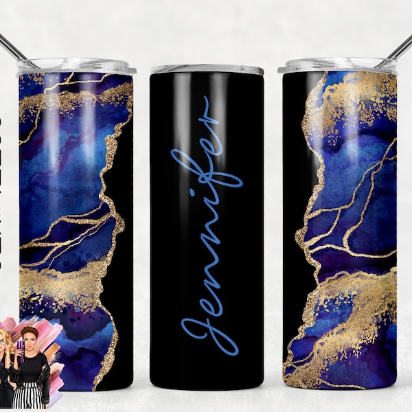 Add Your Own Text / Name Royal Blue Gold and Black Glitter Agate Sublimation Tumbler Designs - 20oz Skinny Tumbler Templates - PNG