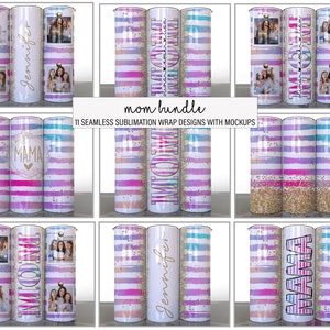 Mom Bundle of 11 Stripes Pink Purple gold Mothers Day Sublimation Tumbler Designs Photos Add your Name Split Mom - 20oz Skinny Wraps