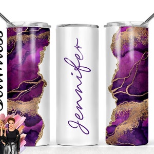 Fügen Sie Ihren eigenen Text / Namen Lila Gold und Weiß Glitzer Achat Sublimation Tumbler Designs - 20oz Skinny Tumbler Templates - PNG