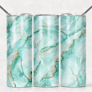 Light Teal Green Gold Glitter Abstract Agate Marble Sublimation Tumbler Designs - 20oz Skinny Tumbler Wraps Templates - PNG