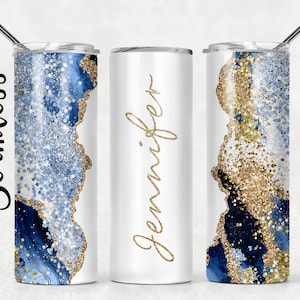 Voeg uw eigen tekst / naam Navy Royal Blue Agaat Goud Marmer Glitter Sublimatie Tumbler Designs - 20oz Skinny Tumbler Templates - PNG