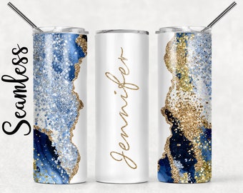 Add Your Own Text / Name Navy Royal Blue Agate Gold Marble Glitter Sublimation Tumbler Designs - 20oz Skinny Tumbler Templates - PNG