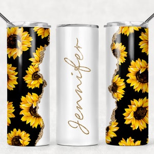 May include: Three stainless steel tumblers with a black and yellow sunflower pattern. The middle tumbler is white with the name "Jennifer" written in gold glitter.