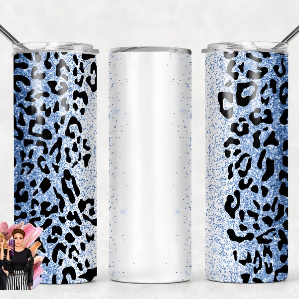 Blue Glitter Leopard Print Add Your Own Text Name Sublimation Tumbler Designs Cheetah Print - 20oz Skinny Tumbler Wraps Templates - PNG