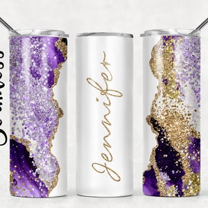 Adicione seu próprio texto/nome roxo ágata ouro mármore glitter sublimação designs de copo - modelos de copo magro de 20 onças - PNG