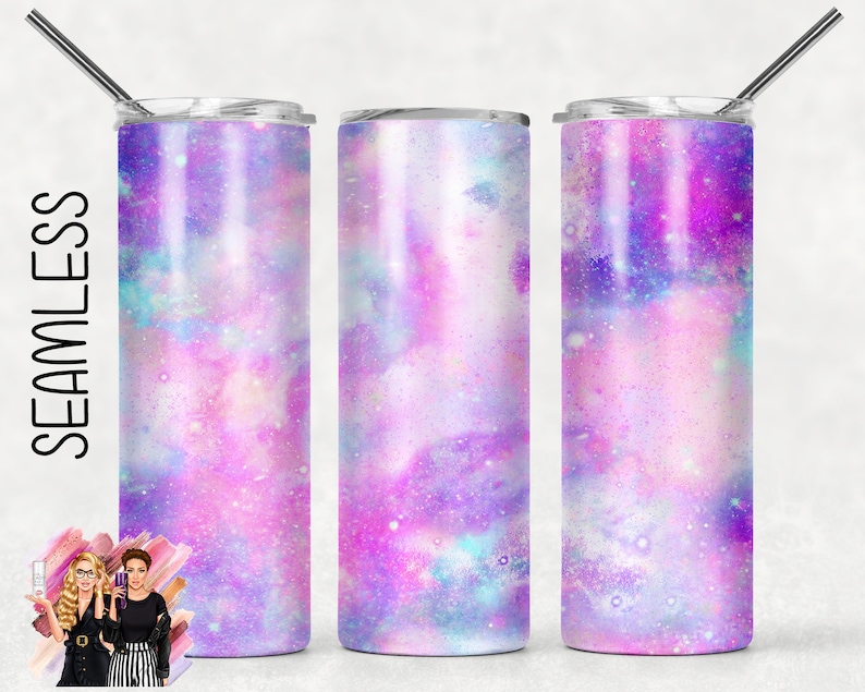 May include: Three stainless steel tumblers with a pink, purple and blue galaxy print. The tumblers are seamless and have a straw.