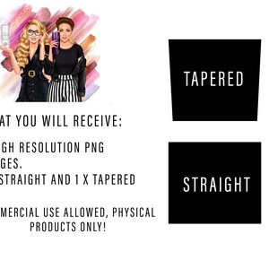 Pu&ograve; includere: Due illustrazioni digitali di donne con acconciature diverse. Una donna ha i capelli lisci e l'altra ha i capelli affusolati. Il testo "TAPERED" e "STRAIGHT" &egrave; visualizzato sotto ogni immagine.