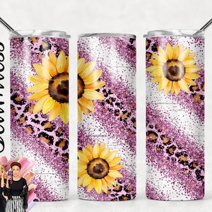 SEAMLESS Pink Sunflowers Leopard Print Confetti Gold Cheetah Print Sublimation Tumbler Designs - 20oz Skinny Tumbler Wraps Templates - PNG