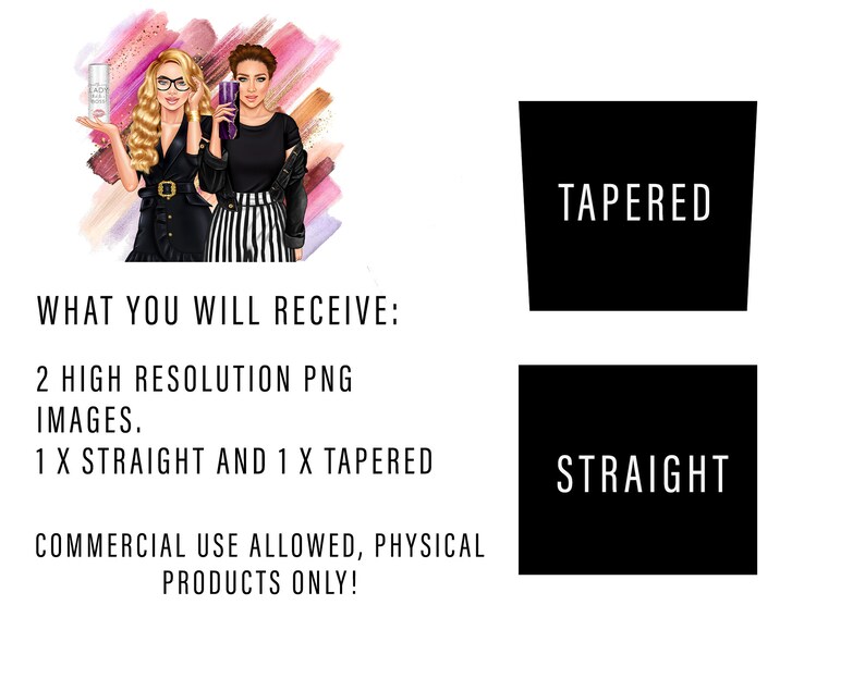 May include: Two digital illustrations of women with different hairstyles. One woman has straight hair and the other has tapered hair. The text "TAPERED" and "STRAIGHT" is displayed below each image.