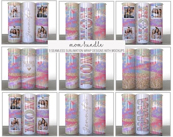 Paquete de mamá de 11 diseños de vaso de sublimación del Día de la Madre dorado con estrella arcoíris abstracta, fotos, agregue su nombre, mamá dividida, envolturas delgadas de 20 oz