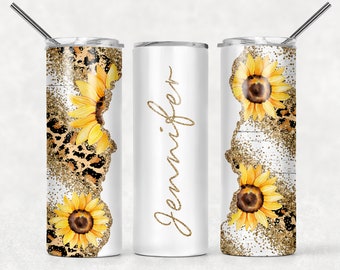 SEAMLESS Add Your Own Text / Name Sunflowers Gold Glitter Animal Print Sublimation Tumbler Designs - 20oz Skinny Tumbler Templates - PNG