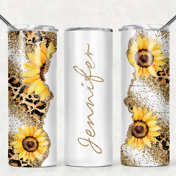 SEAMLESS Add Your Own Text / Name Sunflowers Gold Glitter Animal Print Sublimation Tumbler Designs - 20oz Skinny Tumbler Templates - PNG
