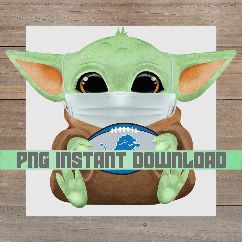 Detroit Lions Baby Yoda wearing face mask NFL Holding Etsy