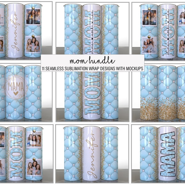 Bundle 11 Blue tufted leather luxury diamond Mom Mothers Sublimation Tumbler Designs Glitter Photos Add your Name - 20oz Skinny Wraps