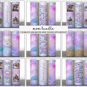 Mom Bundle of 11 Abstract Pink Clouds gold Mothers Day Sublimation Tumbler Designs Photos Add your Name Split Mom - 20oz Skinny Wraps