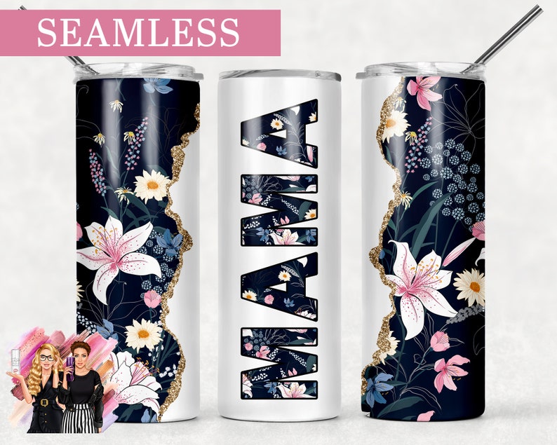 MAMA Floral Mom Print Sublimation Tumbler Designs - 20oz Skinny Tumbler Wraps Templates - PNG 