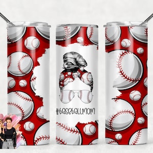 SEAMLESS Sublimation Tumbler Designs Red Baseball Mom Life Mom Bun Hair - 20oz Skinny Tumbler Wraps Templates - PNG