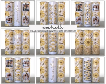 Paquete de mamá de 11 diseños de vaso de sublimación del Día de la Madre de oro amarillo de girasol Fotos Agregue su nombre Mamá dividida - Envolturas delgadas de 20 oz