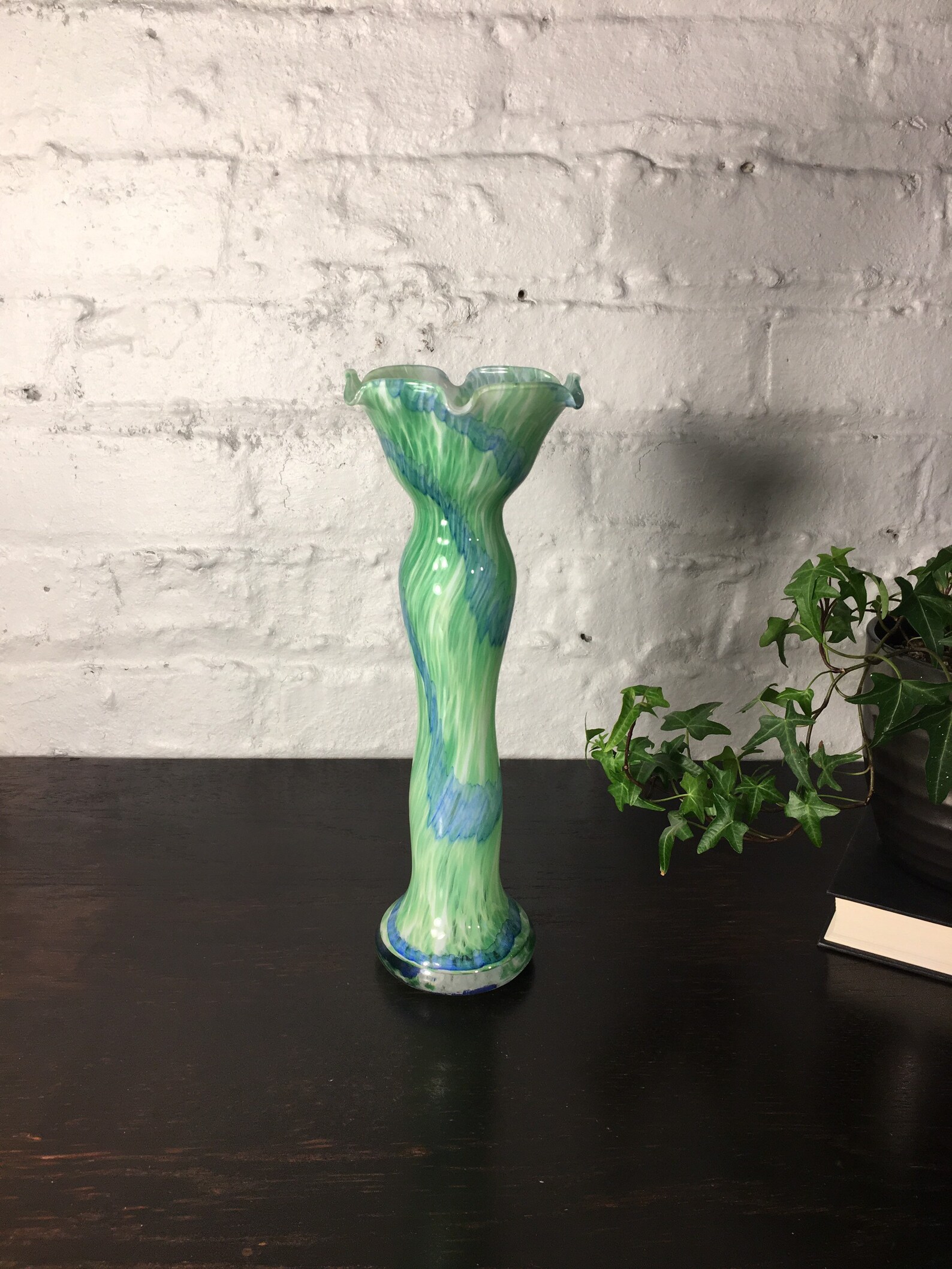 Art Glass Narrow Vase Blue Green Ruffle Pattern Swirl Rim Etsy