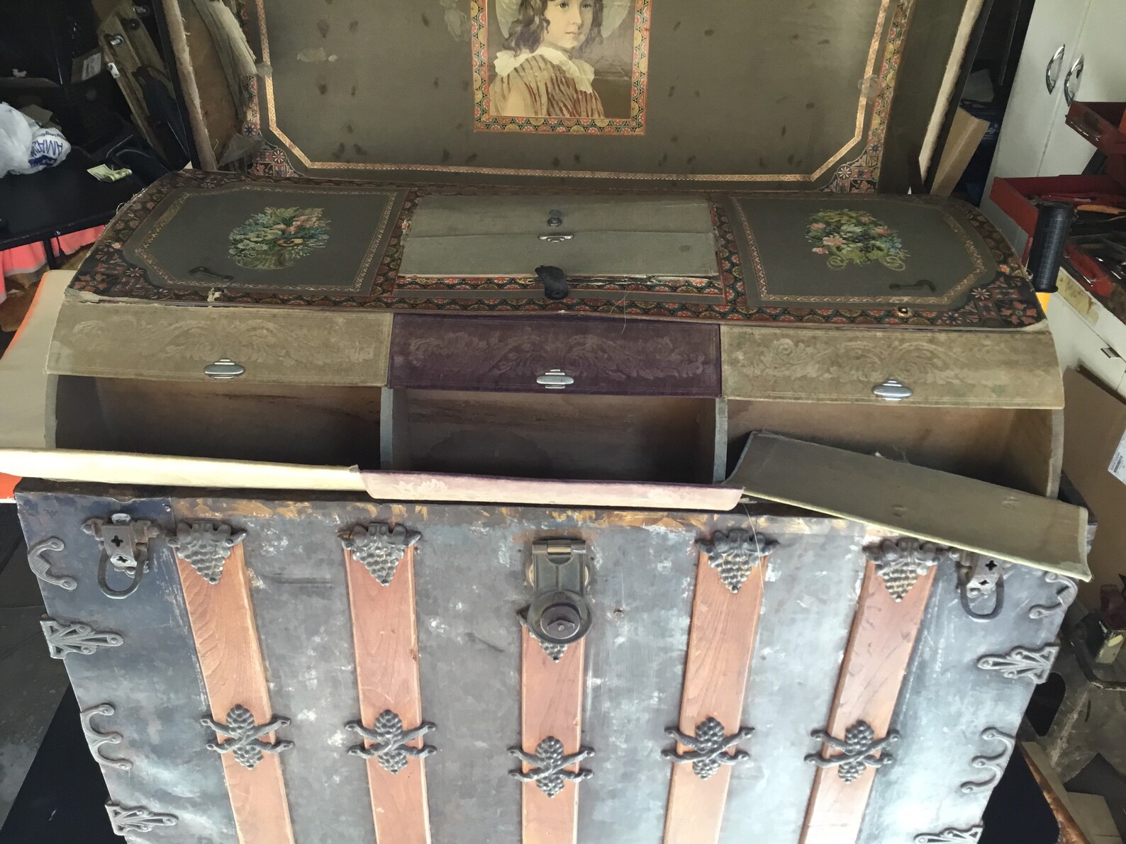 Antique Domed Top Steamer Trunk Large Trunk With Wheels Etsy