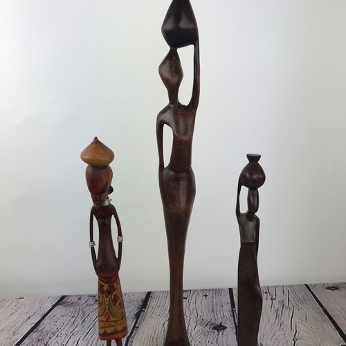Modern African Statues, Tall shops Wooden African Woman Sculpture Set 3, African Tribal Man Hand Painted, Atomchicago