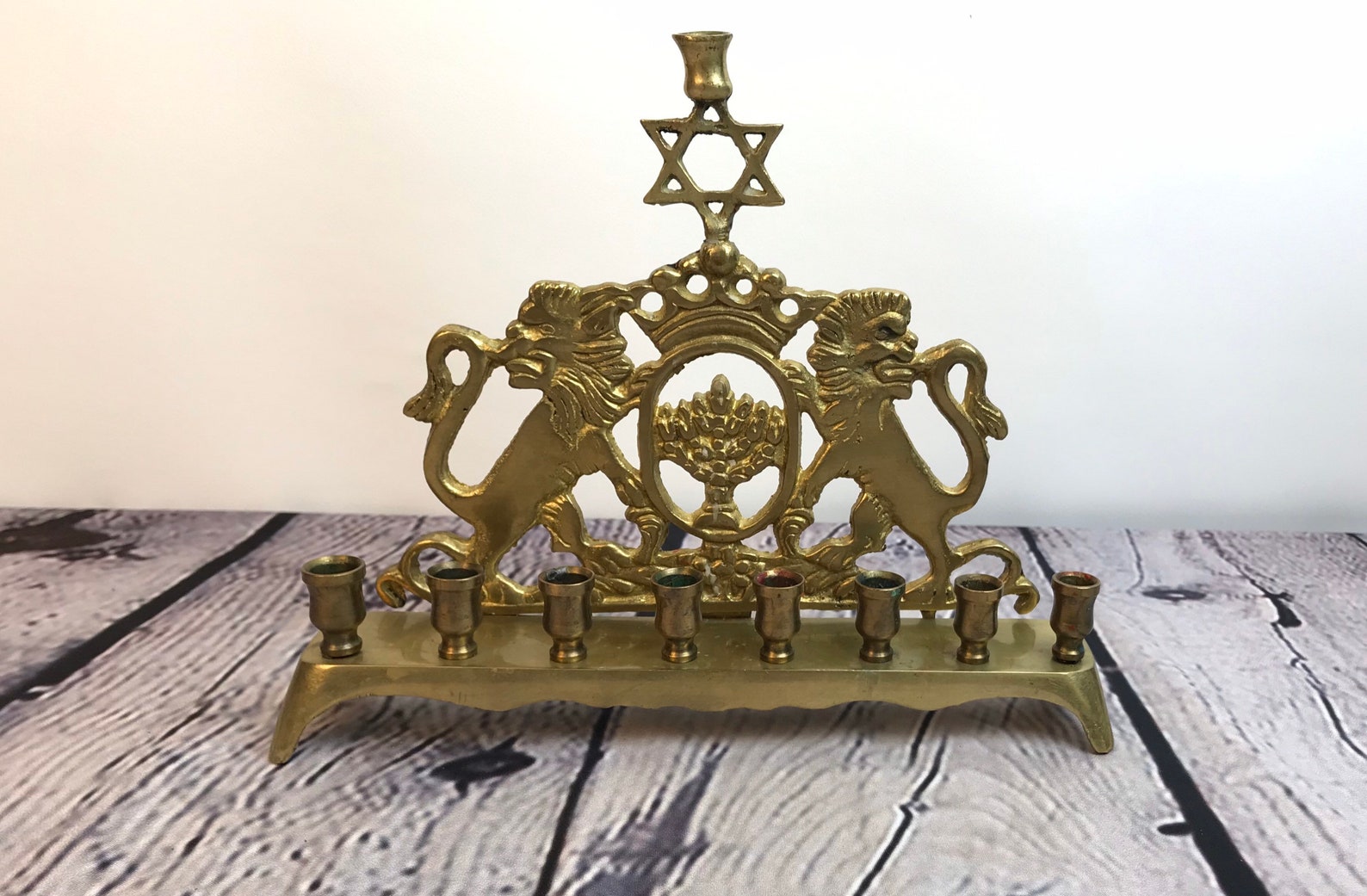 Menorah vintage en laiton avec lions et étoile de David Etsy
