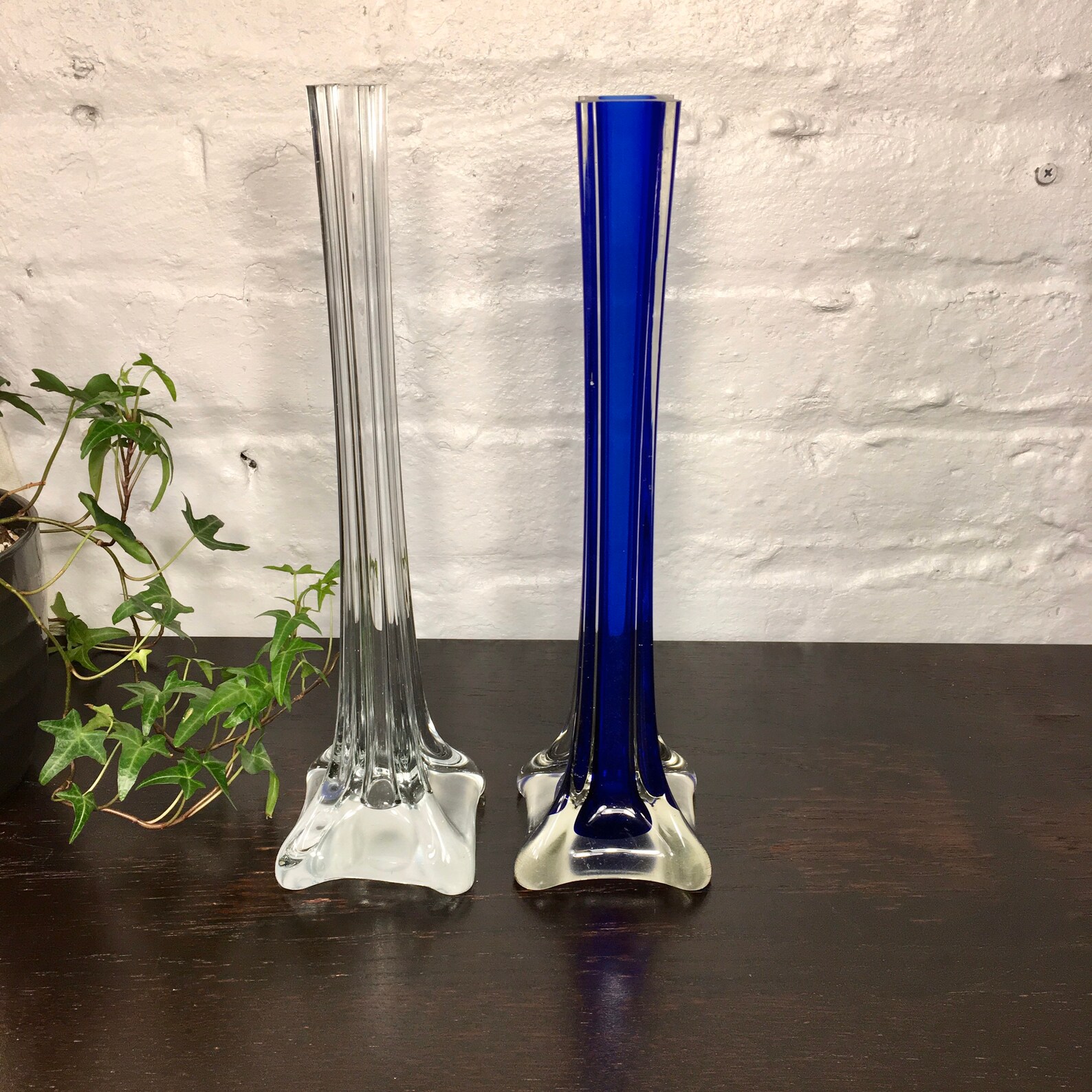 Two Thin Square Vases Cobalt Blue Glass Fluted Base Vase Etsy