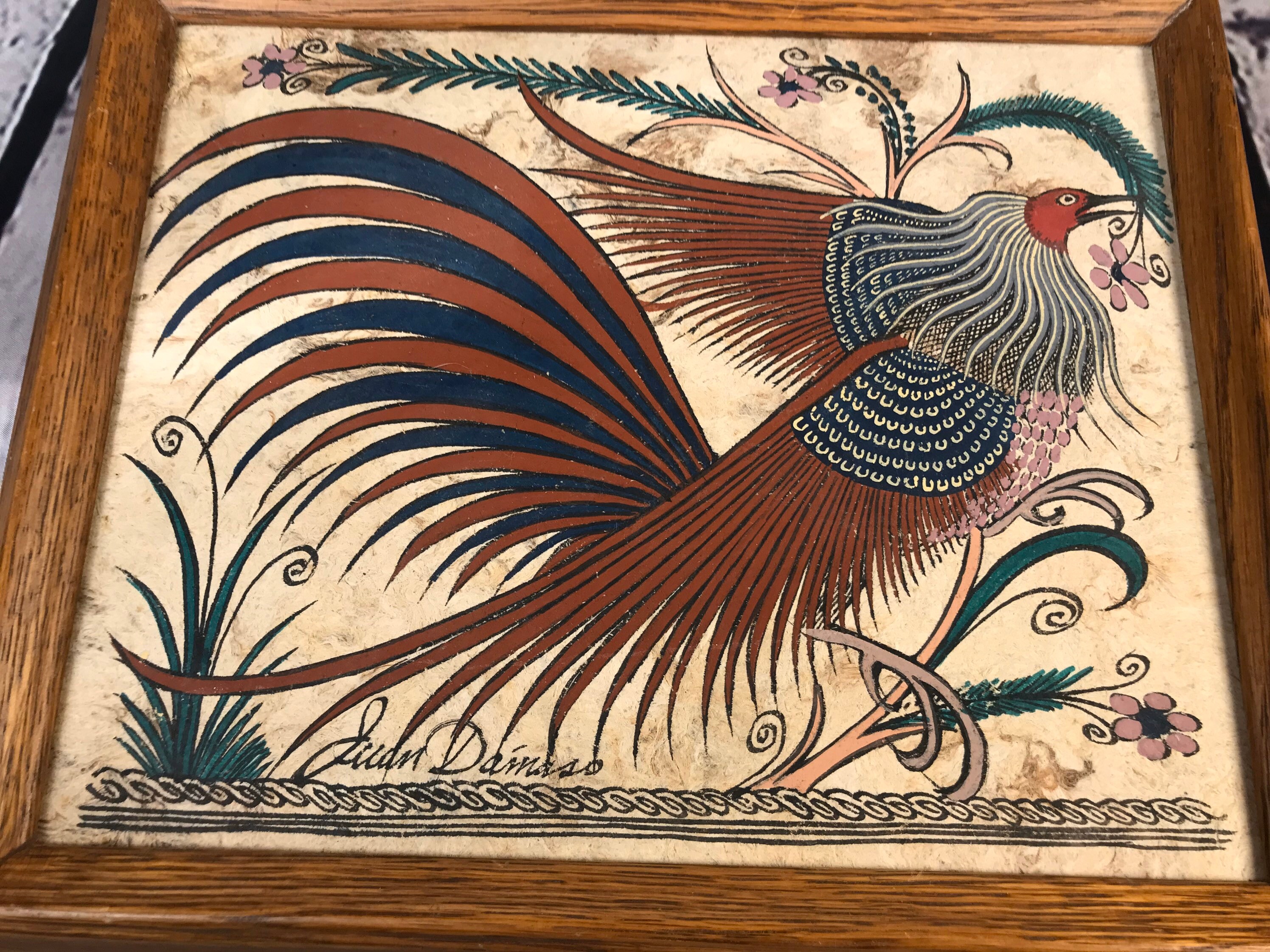 Vintage Folk Art Painting Mid Century Peacock Painting Framed Etsy